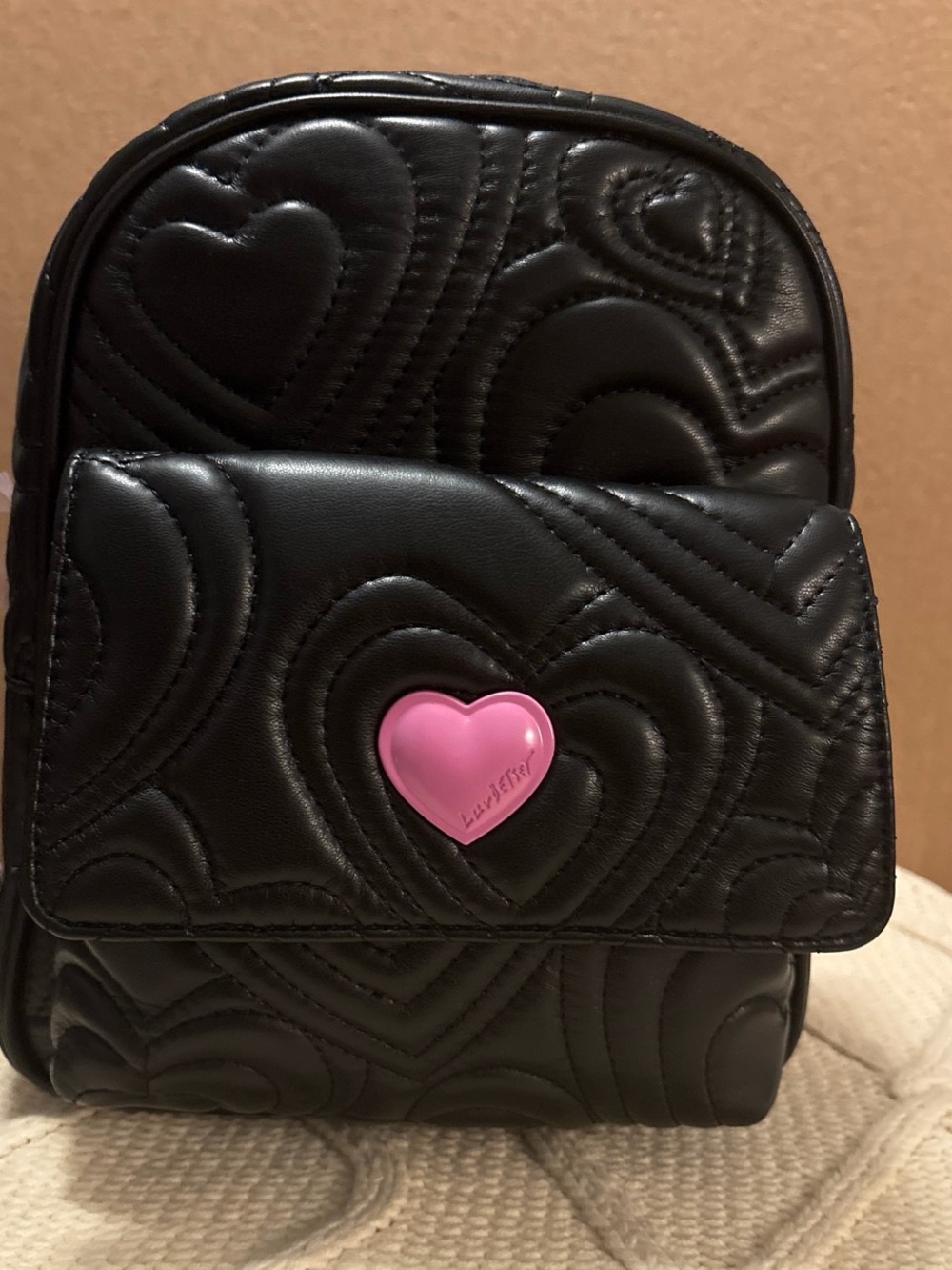 Betsey Johnson Black Quilted Heart Crossbody Bag with Pink Heart Accent